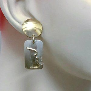 Sterling Earrings, Vintage, Badman, Designer, Mixed Metals, 80s, Abstract, Mod